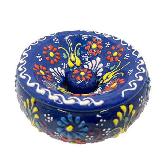 Cenicero de cerámica turca artesanal, con tapa Lace, azul oscuro.