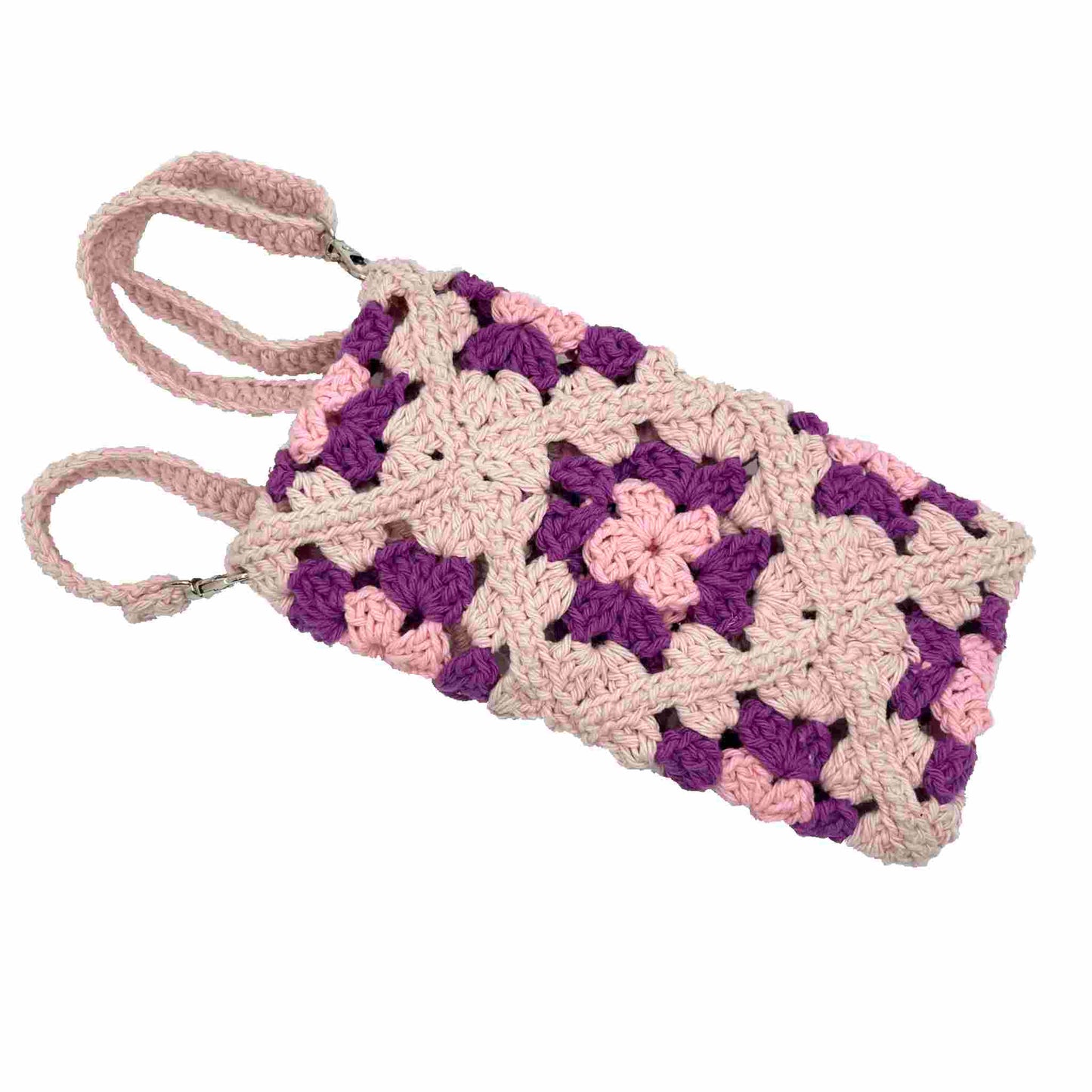 Funda de móvil a crochet lila para colgar dorso.