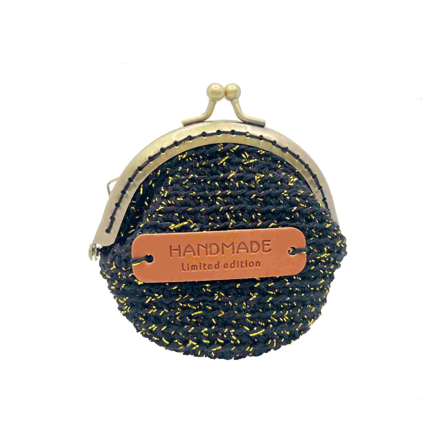 Monedero crochet pequeño hecho a mano negro y dorado