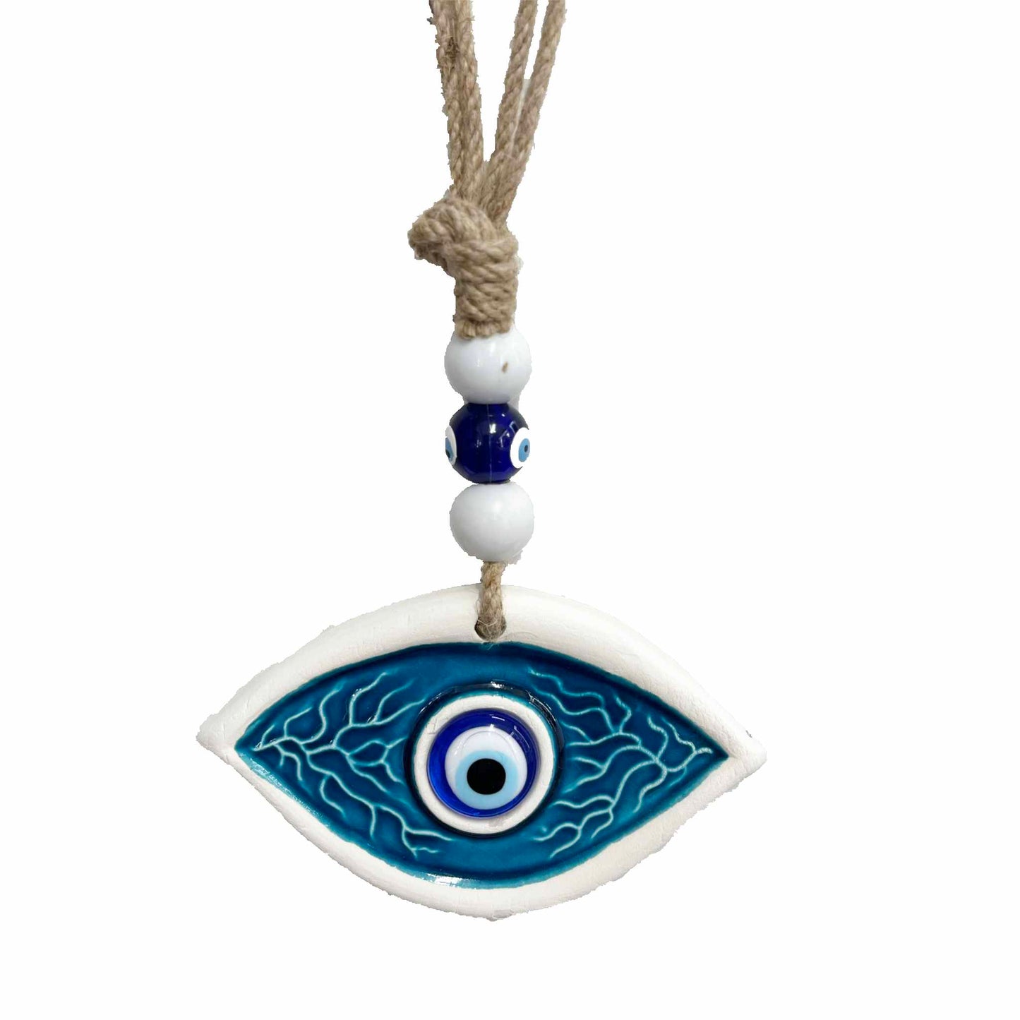 Amuleto ojo turco de pared en azul y blanco.
