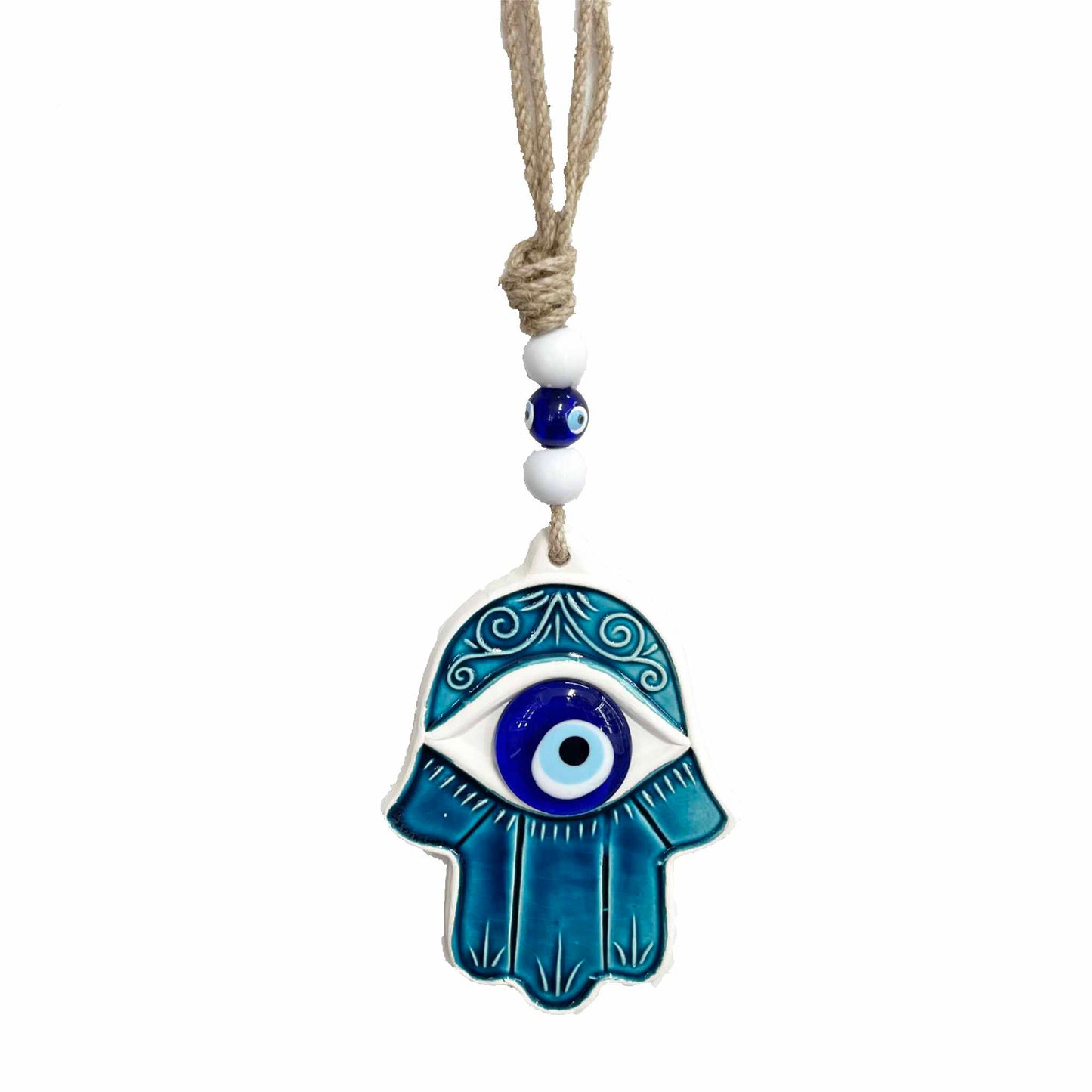 Amuleto ojo turco en mano de Fátima de pared en azul y blanco.