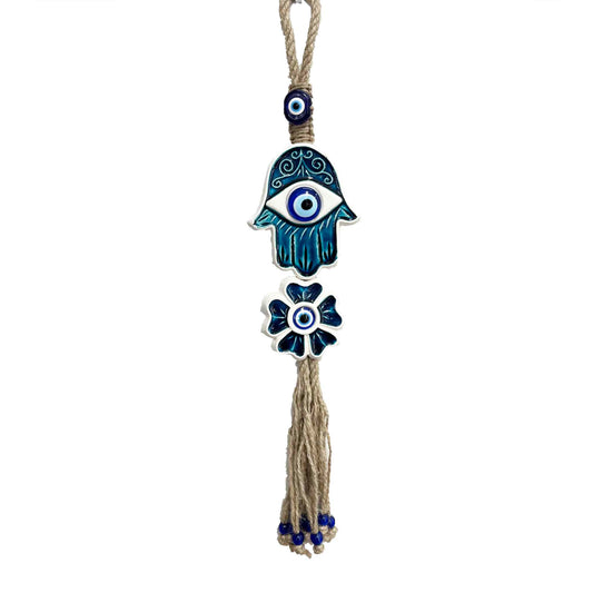 Amuleto ojo turco en mano de Fátima de pared doble, azul y blanco.